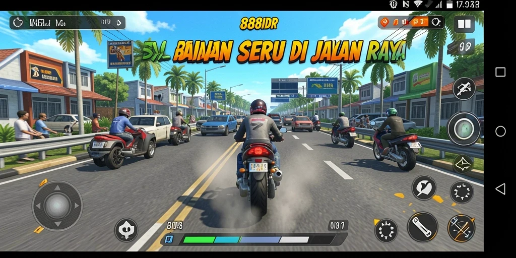 Gameplay balapan mendebarkan di 888IDR dengan mobil yang melaju kencang.