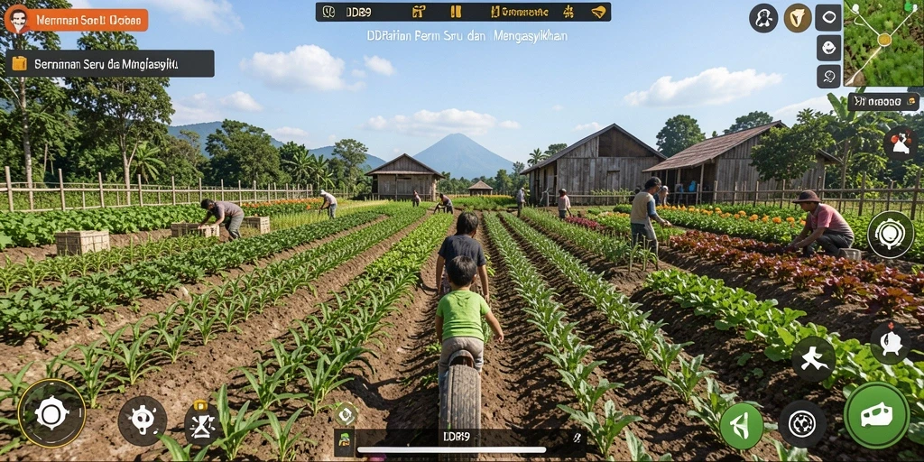 Screenshot IDR89 menampilkan pemandangan ladang yang hijau dan aktivitas bertani.