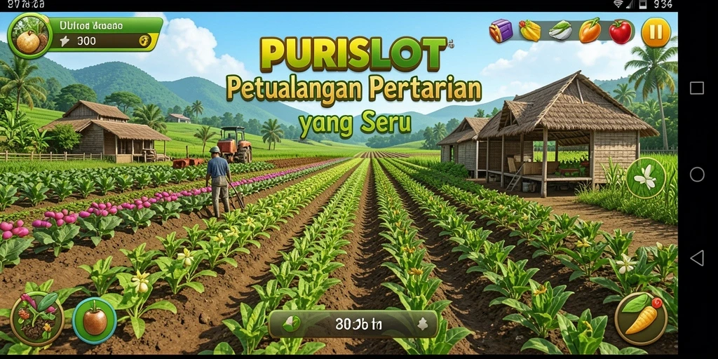 Tangkapan layar gameplay PURISLOT dengan ladang yang subur dan hewan ternak.