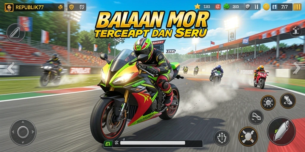 Gameplay seru balapan motor di REPUBLIK77 dengan grafis menakjubkan.