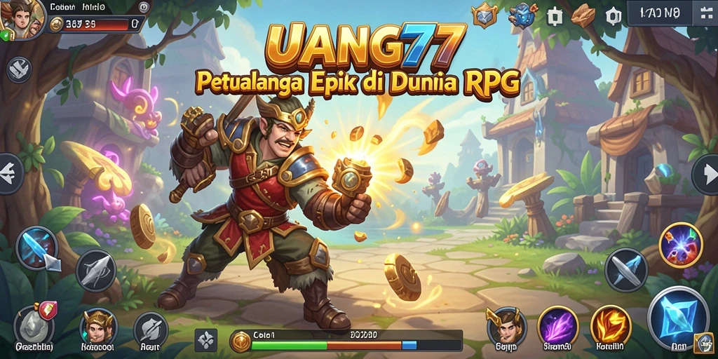 Tampilan gameplay UANG77 yang menampilkan pertempuran seru di dunia fantastis.
