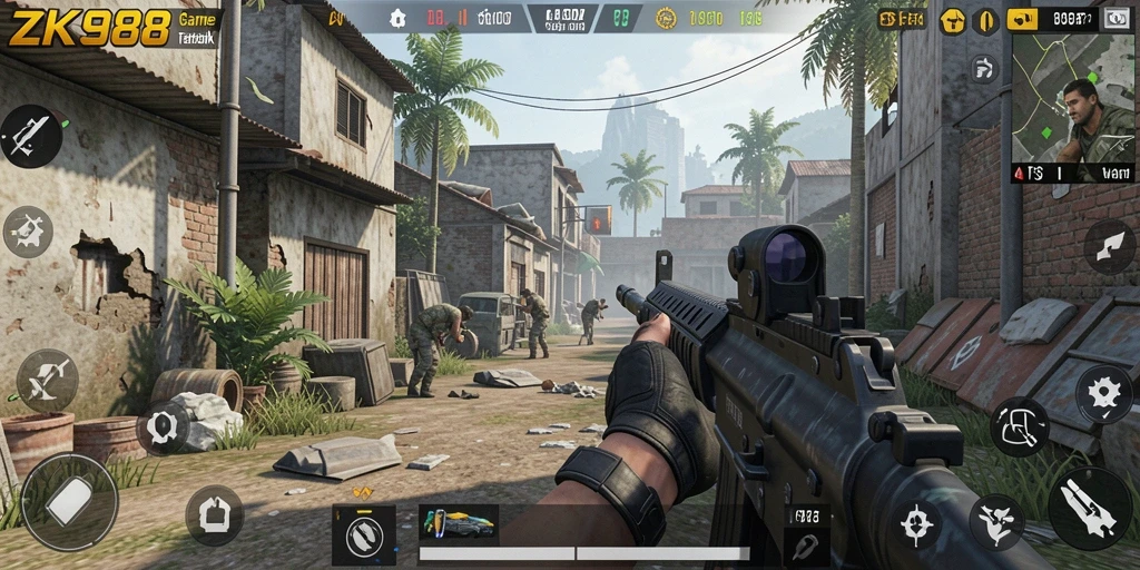Tangkapan layar menunjukkan aksi intens dalam ZK988 dengan gameplay FPS.
